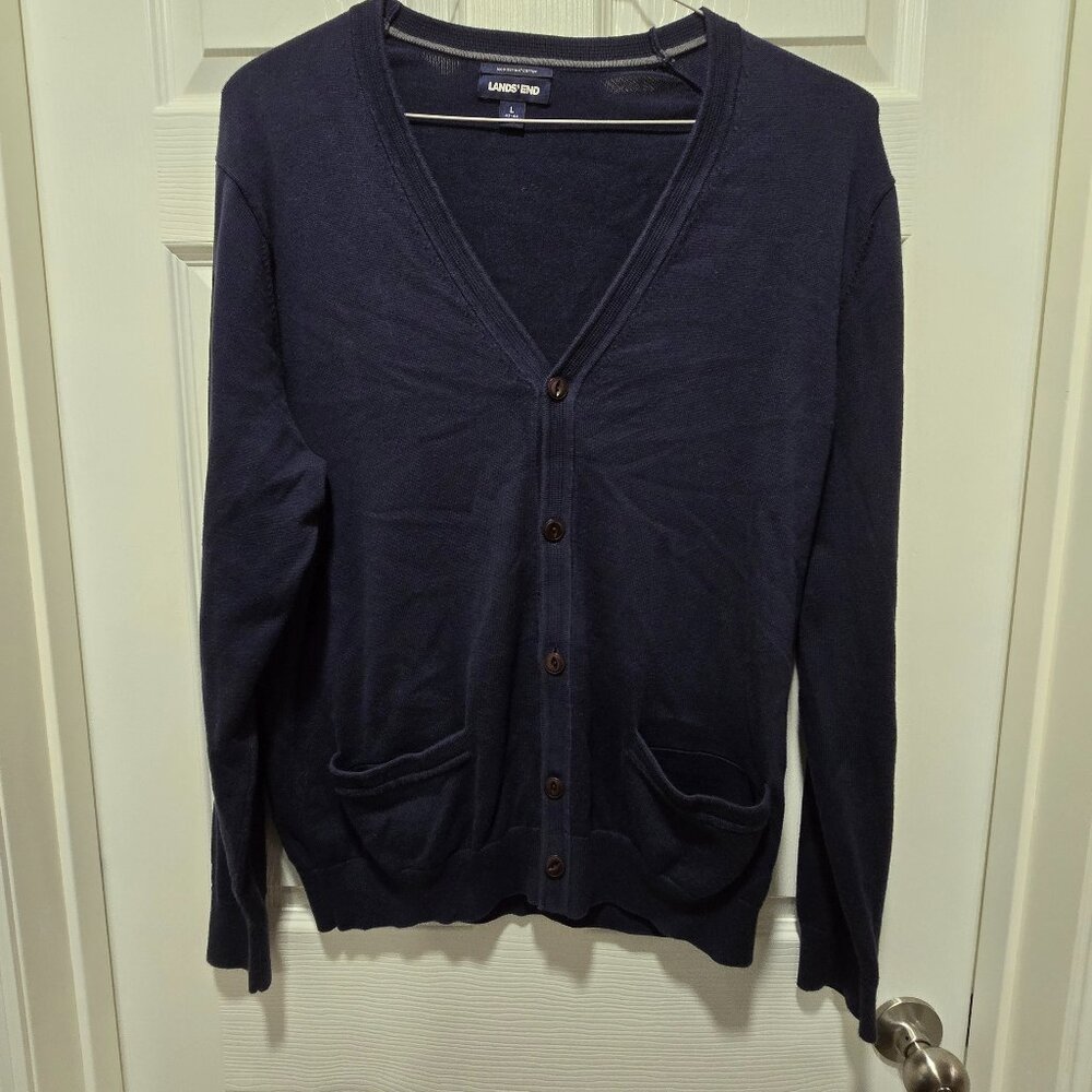 Lands End Cardigan Mens L (42-44) 100% Supima Cotton Grandpa Academia Button Up